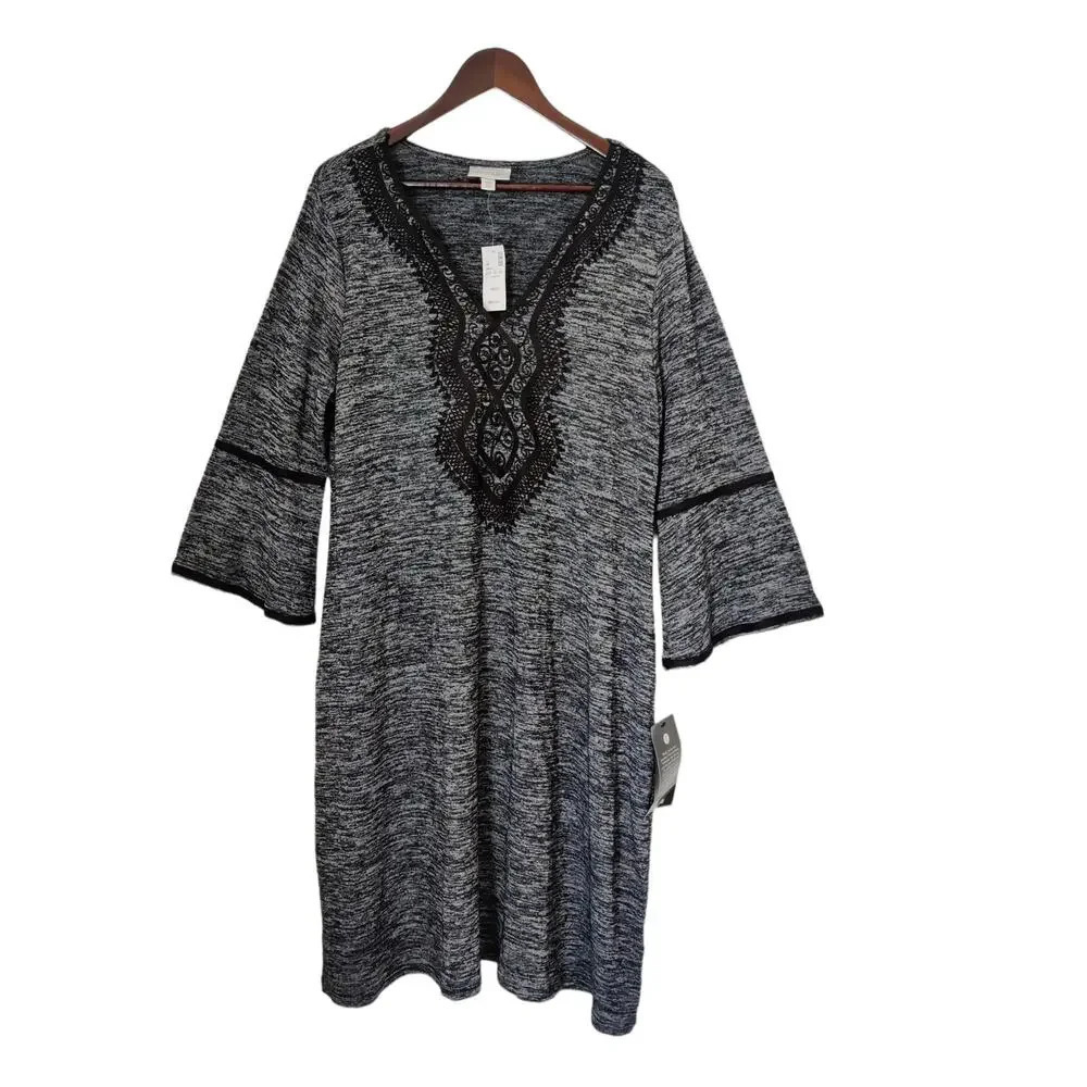 Avenue Black‎ Gray Knitted 3/4 Bell Sleeve Dress V-Neck Embroidered Casual 18/20
